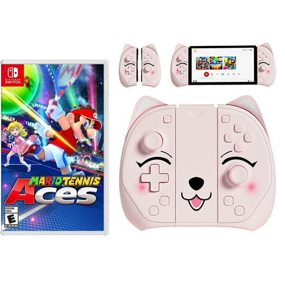Mario Tennis Aces Game Disc and Switch Joypad for Nintendo Switch Controller Pink Cat, L/R Gaming Wireless Controller for Nintendo Switch/ Switch OLED /Switch Lite Replacement