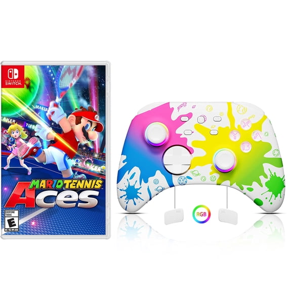 Mario Tennis Aces Game Disc and Upgraded Switch Pro Controller for Nintendo Switch/OLED/Lite, Wireless Switch Remote for PC/IOS/Android/Steam Pink