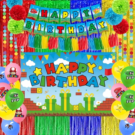 Mario Themed Party Decorations, Birthday Party Supplies Decorations Tablecloth Banners Backdropround paper stringPapertasselballoonCurtains.Paper Pom Poms. for 20 Guests Kids Birthday