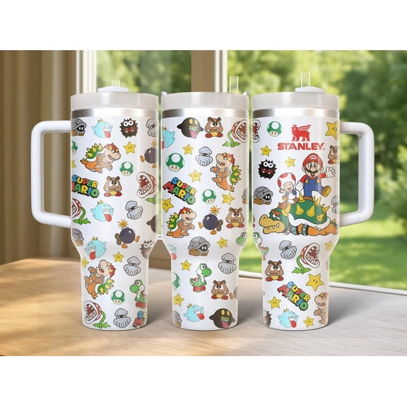 Mario Tumbler 40oz Stainless Steel with Handle, 40th Anniversary Gamer Cup, Fan Gift Tumbler