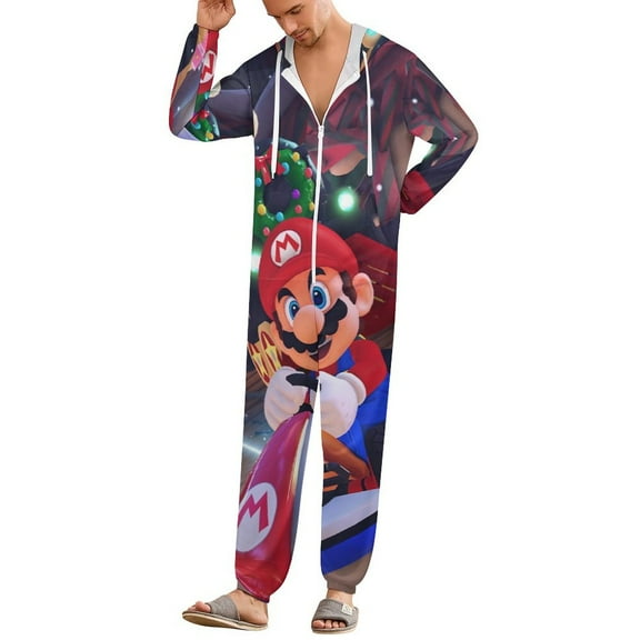 Mario Unisex Onesie Pajamas Zipper Jumpsuit Hooded One Piece Sleepwear for Family Mens Womens