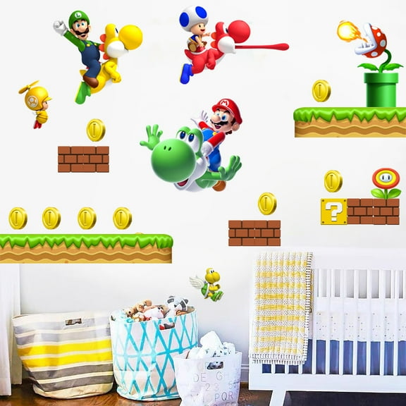Mario Wall Stickers 3D wall stickers Cartoon characters wall stickers Cartoon background wall decoration Birthday gift Children bedroom decoration 60*40CM