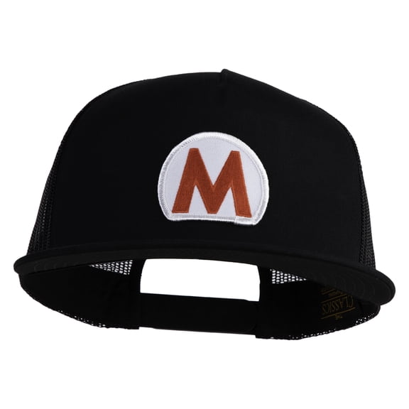 Mario World Logo Circle Patched 5 Panel Mesh Trucker Snapback Cap - Black OSFM