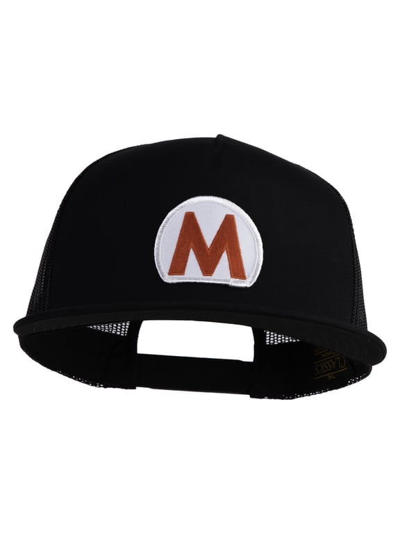 Mario World Logo Circle Patched 5 Panel Mesh Trucker Snapback Cap - Black OSFM