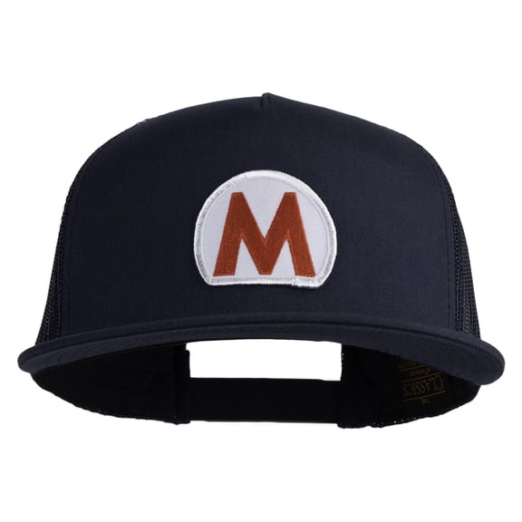 Mario World Logo Circle Patched 5 Panel Mesh Trucker Snapback Cap - Navy OSFM