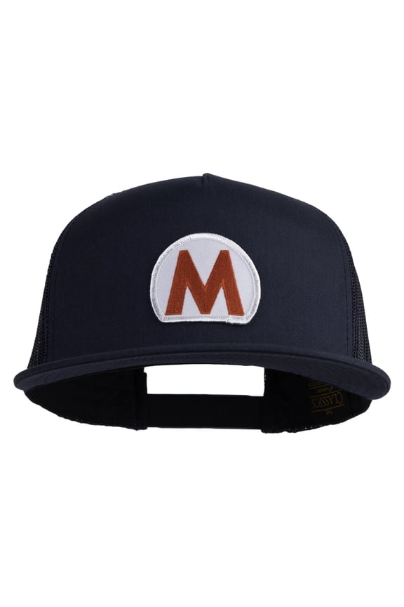 Mario World Logo Circle Patched 5 Panel Mesh Trucker Snapback Cap - Navy OSFM
