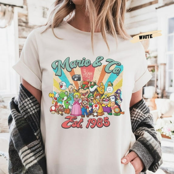 Mario and Co T-Shirt, Retro Super MarioShirt, Vintage Video Shirt, Mushroom Kingdoom Tee,White Color,Size L