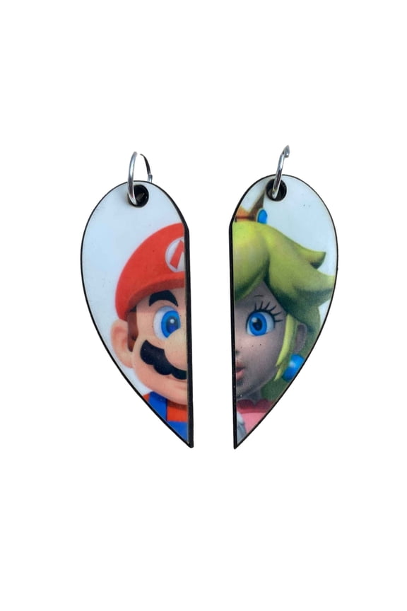 Mario and Peach Matching Heart Necklaces Keyrings or Earrings | Couples or BFF Gift | Super Mario Bros. Gift for Him or Her