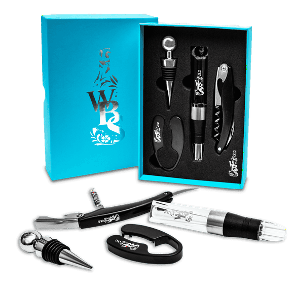 Wine Bottle Supplies (WBS) Wine Opener Set with Corkscrew, Foil Cutter, Bottle Stopper, Aerator Pourer