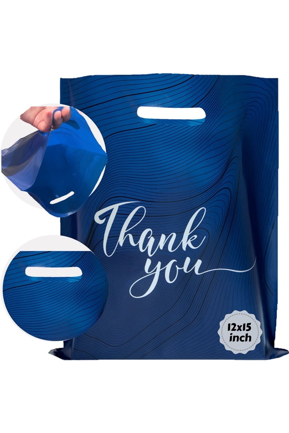 100 Blue Thank You Plastic Bags with Handles, 12x15 Bulk Shopping Bags for Small Business, Retail, Merchandise, Gifts, Party Favors