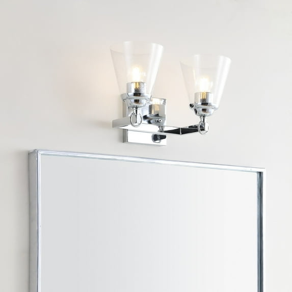 JONATHAN Y Marion 12.75" 2-Light Hurricane Metal/Seeded Glass LED Vanity Light, Chrome