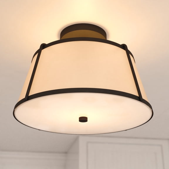Marion 2-Light 13 in. Wide Matte Black Mid-Century Modern Drum Semi Flush Mount Lighting Fixture, White Linen Shade, Dimmable LED Compatible for Low Ceilings, Bedroom, Hallway, Kitchen