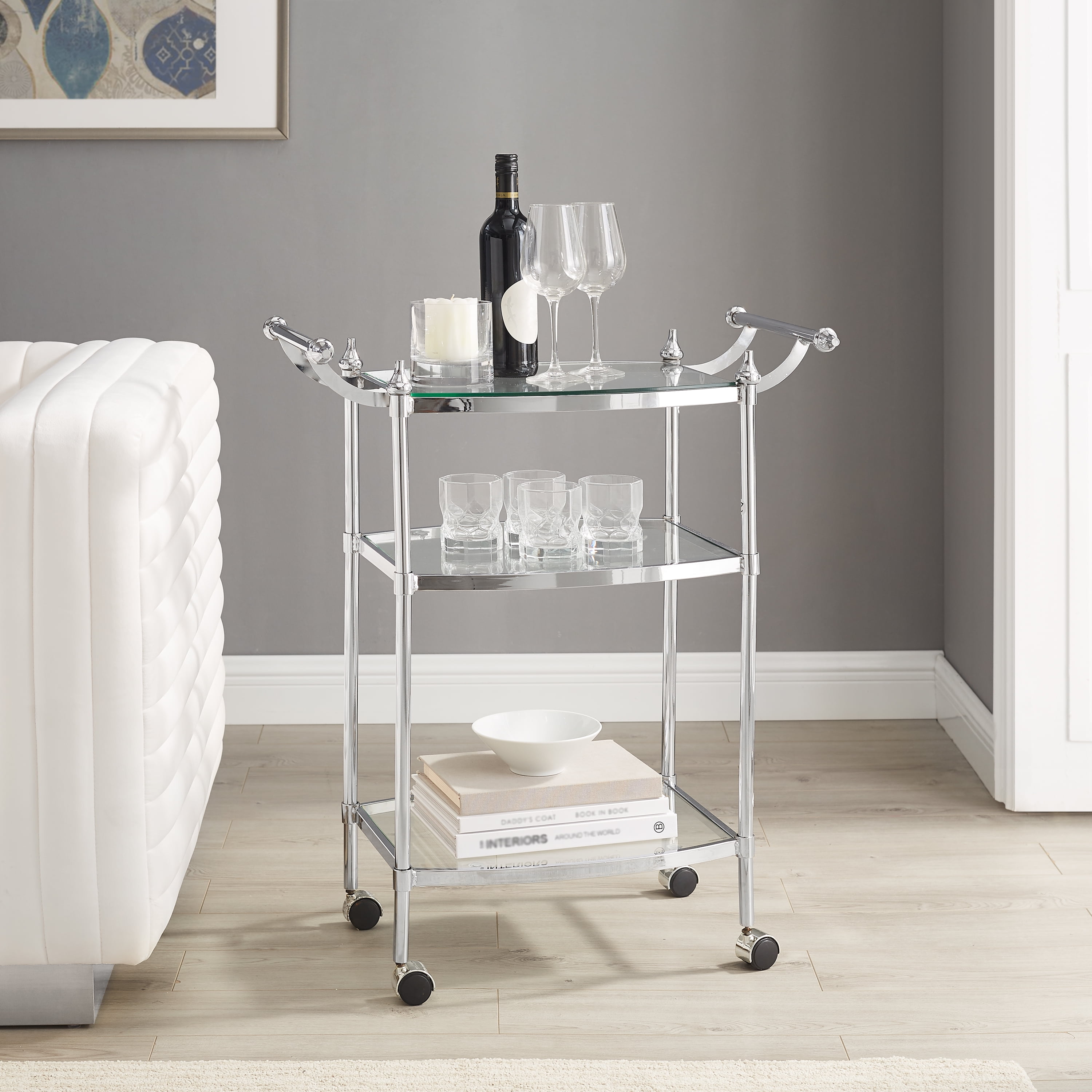 Marion 3-Tier Mobile Metal Bar Cart, Clear Tempered Glass Shelves with  Chrome Railing