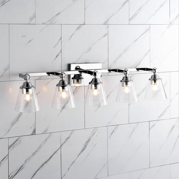 JONATHAN Y Marion 36.5" 5-Light Hurricane Metal/Seeded Glass LED Vanity Light, Chrome