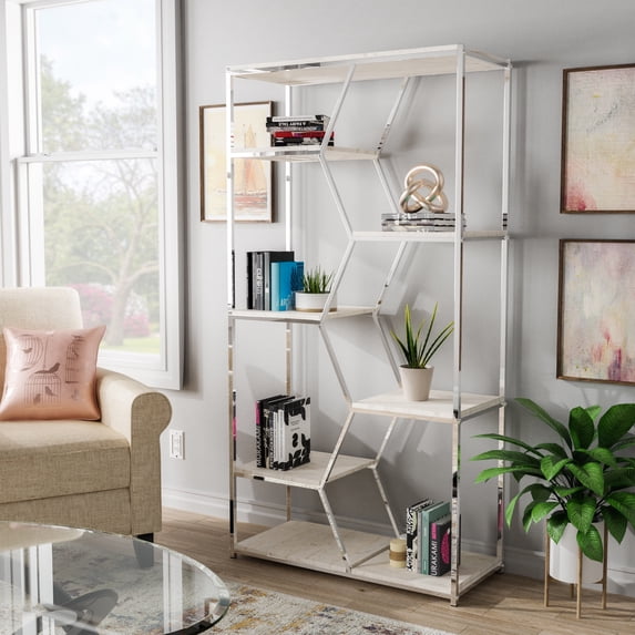 Marion 6-Shelf Metal Bookcase, White and Chrome