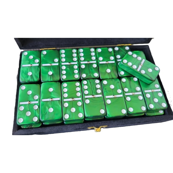 Marion & Co.Domino Double 6 Green Marbleized Tiles Jumbo Tournament Size with Spinners in Elegant Black Velvet Case