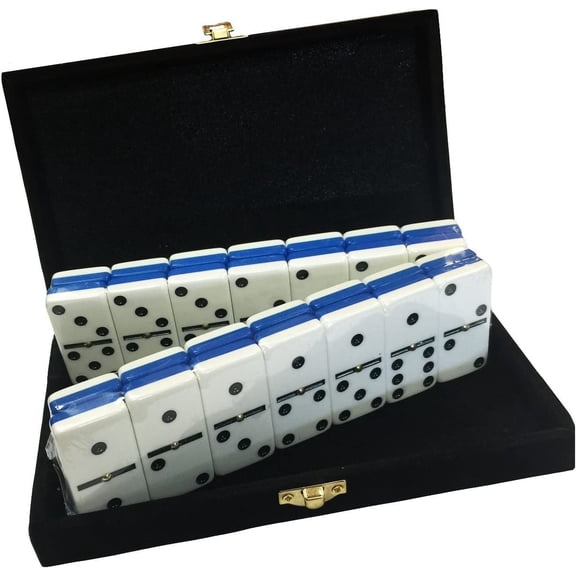 Marion & Co. Domino Double Six Blue & White Two Tone Jumbo Tournament Domino with Spinners in Elegant Velvet Case