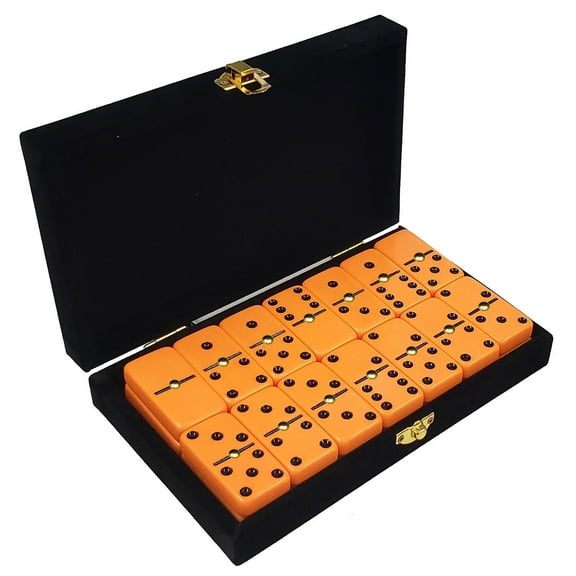 Marion & Co. Domino Double Six Orange-Black Spots Jumbo Tournament Domino with Spinners in Elegant Velvet Case