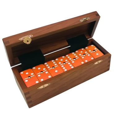 Marion & Co. Domino Double Six Orange-White Spots Jumbo Tournament Professional Size with Spinners in a Dovetail Sheesham Wood Box