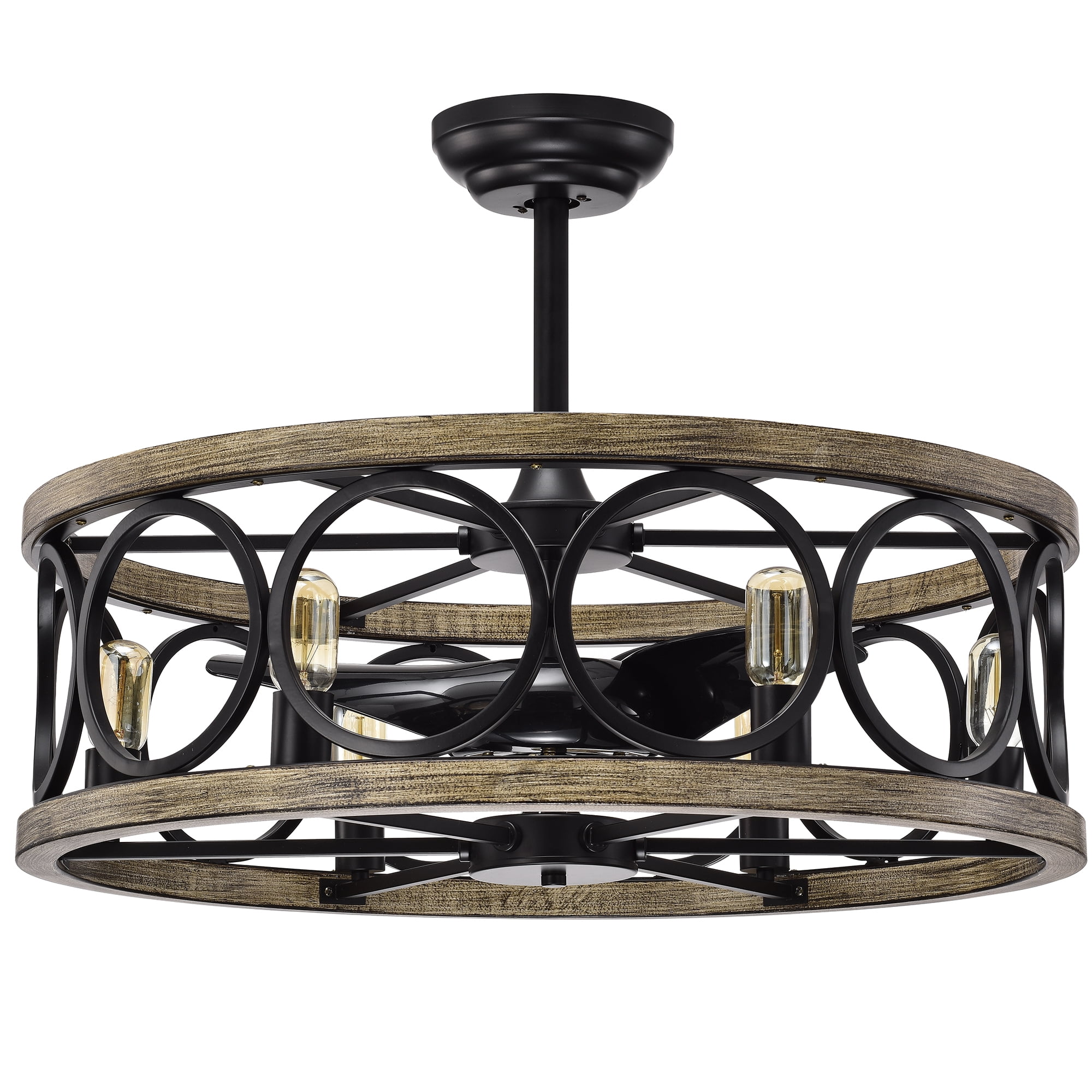 Marion Matte Black+Imitation Wood Grain 30-Inch 6-Light Open Metal Drum Shade Fandelier