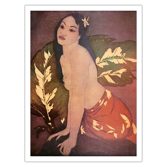Marion - Topless Hawaiian Woman - From an Original Color Aquatint by John Melville Kelly c.1951 - Fine Art Matte Paper Print (Unframed) 24x32in