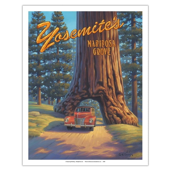 Mariposa Grove - Yosemite National Park - Wawona Tunnel Redwood Tree - Vintage Travel Poster by Kerne Erickson - Fine Art Matte Paper Print (Unframed) 11x14in