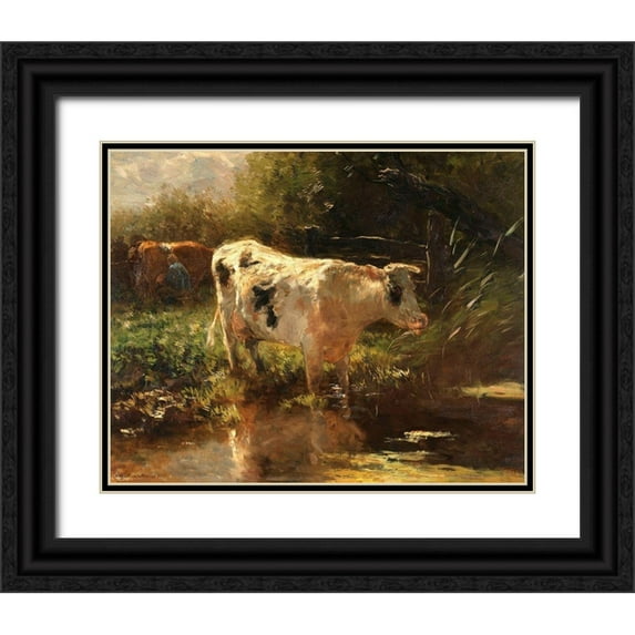 Maris, Willem 18x15 Black Ornate Wood Framed with Double Matting Museum Art Print Titled - Cow beside a Ditch, c. 1885-1895