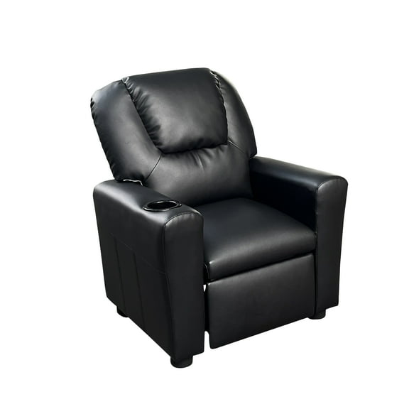 Marisa 22" Black Pu Leather Kids Recliner Chair with Cupholder,Black Pu Leather Furniture Youth Kids Baby Furniture