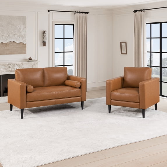 Marisa Genuine Leather Sofa Set of 2-Color:Tan,Fabric:Air Leather,Style:Chair & Loveseat