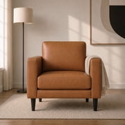 Naomi Home Marisa Genuine Leather Accent Chair, Mid-Century Modern, Removable Cushions, Supportive Comfort, Hardwood Frame, Stylish Accent Seating, Tan