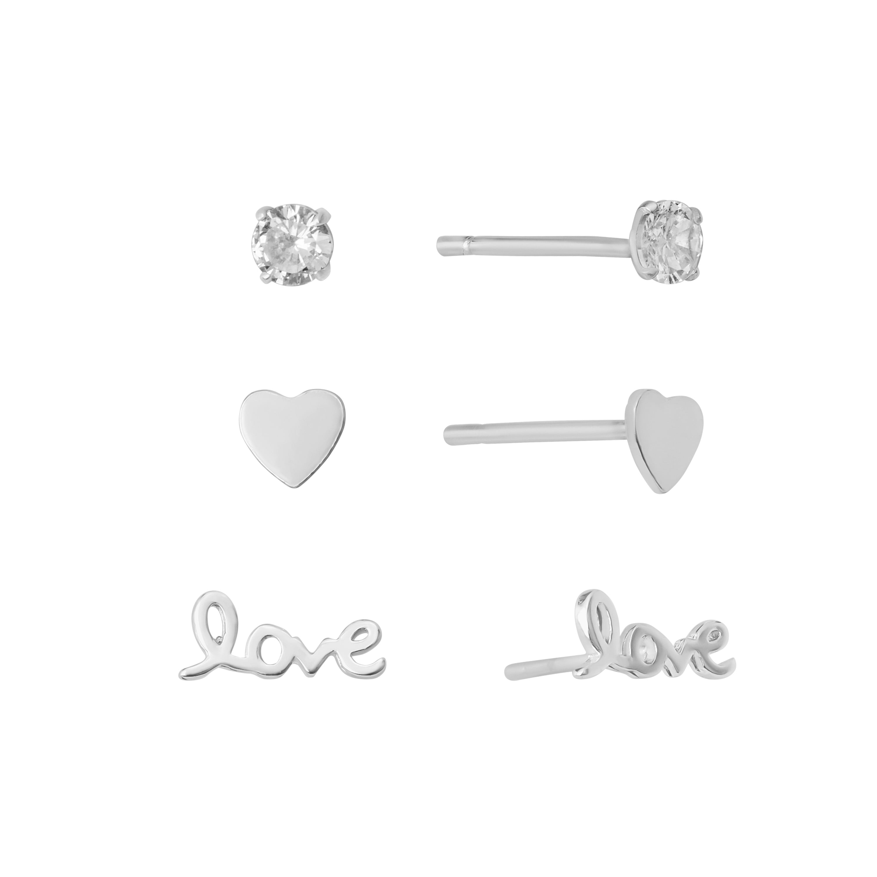 Marisol & Poppy 3-Piece Stud Earrings Set with Cubic Zirconia, Heart & Love Designs in Sterling Silver for Women & Teens