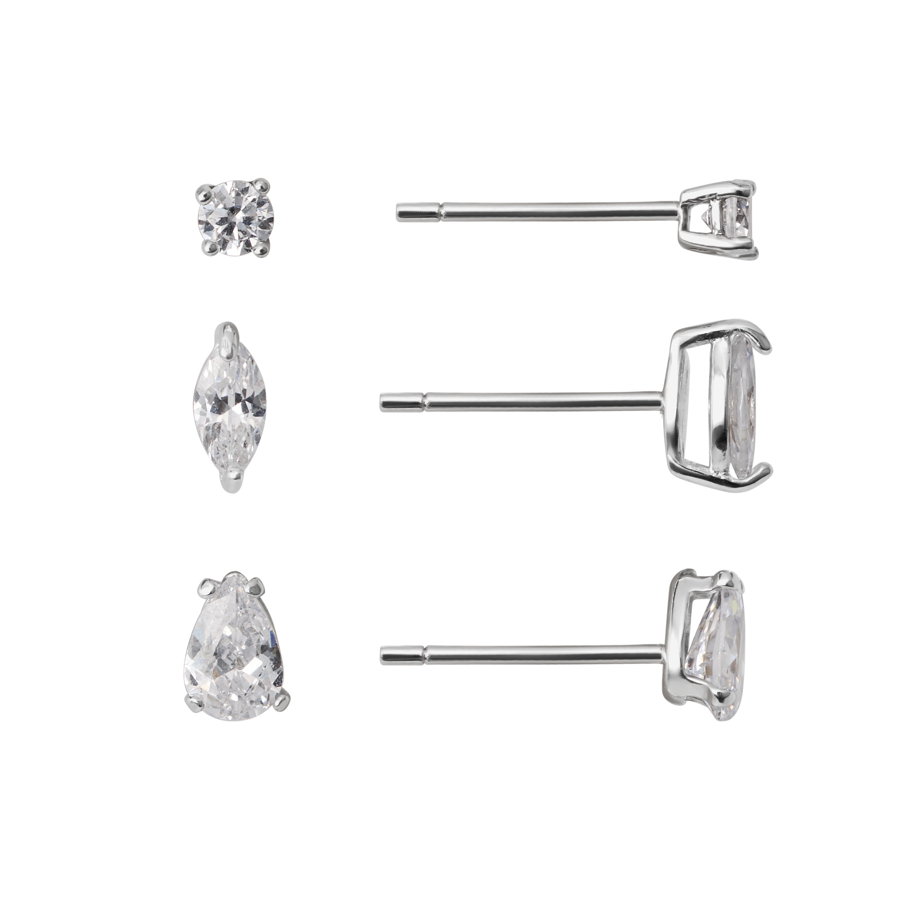 Marisol & Poppy Cubic Zirconia 3-Piece Stud Earrings Set in Sterling Silver for Women & Teens