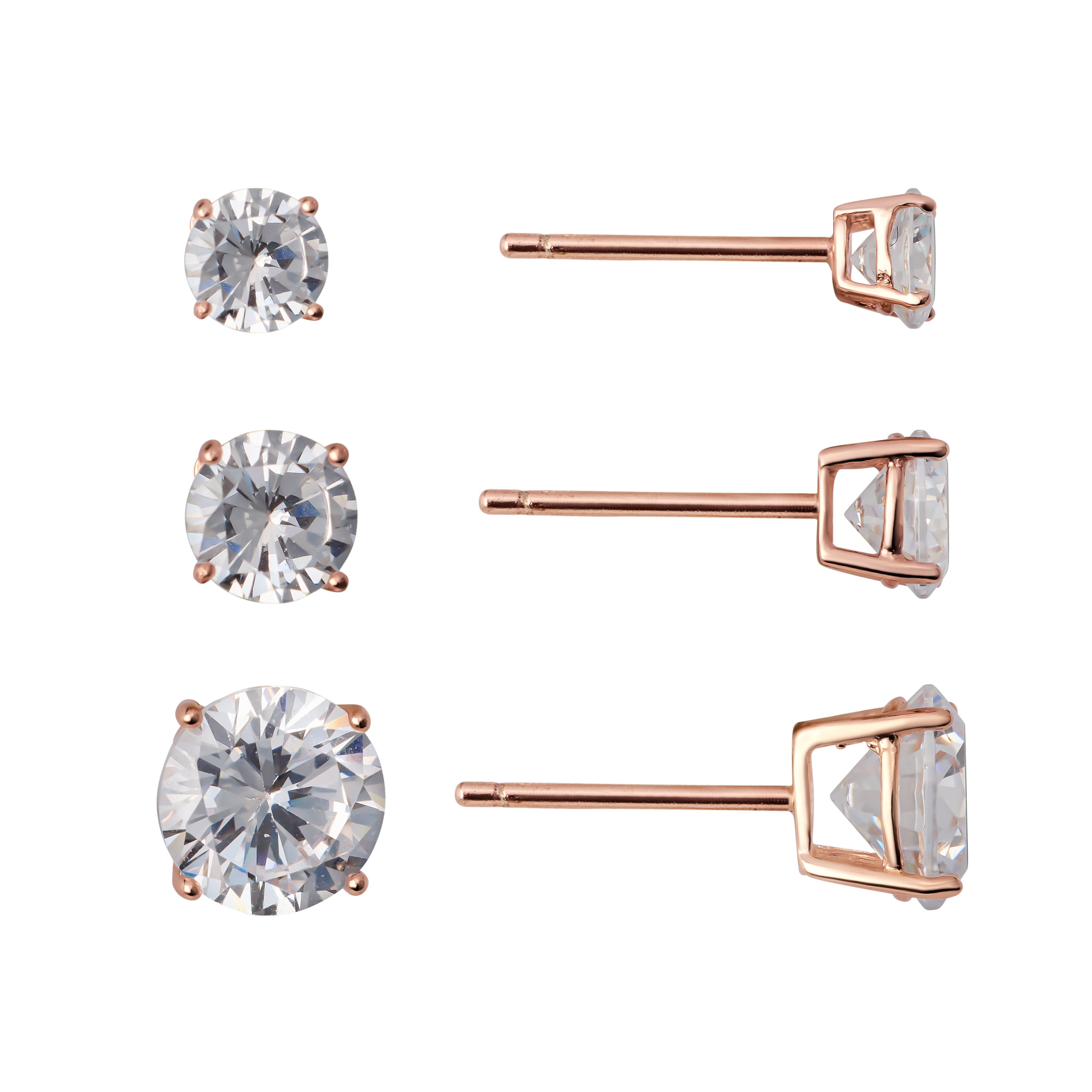 Marisol & Poppy Cubic Zirconia Trio 3-Piece Stud Earrings Set in Rose Gold over Sterling Silver for Women & Teens