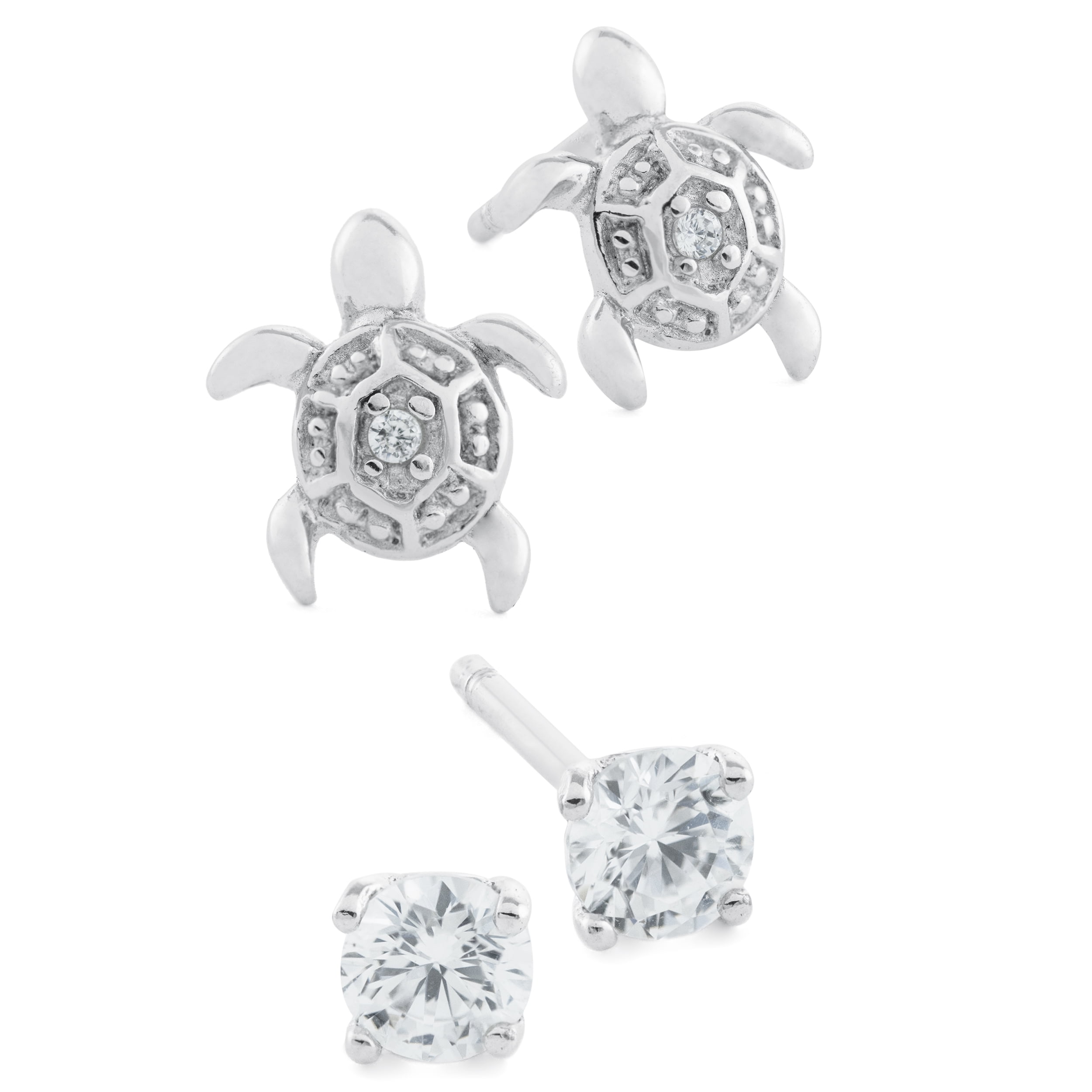 Marisol & Poppy CZ and Turtle Studs Set in Sterling Silver for Women, Teen, Unisex