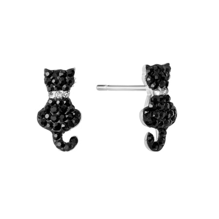 Marisol & Poppy Black Crystal Cat Stud Earrings in Sterling Silver for Women & Teens