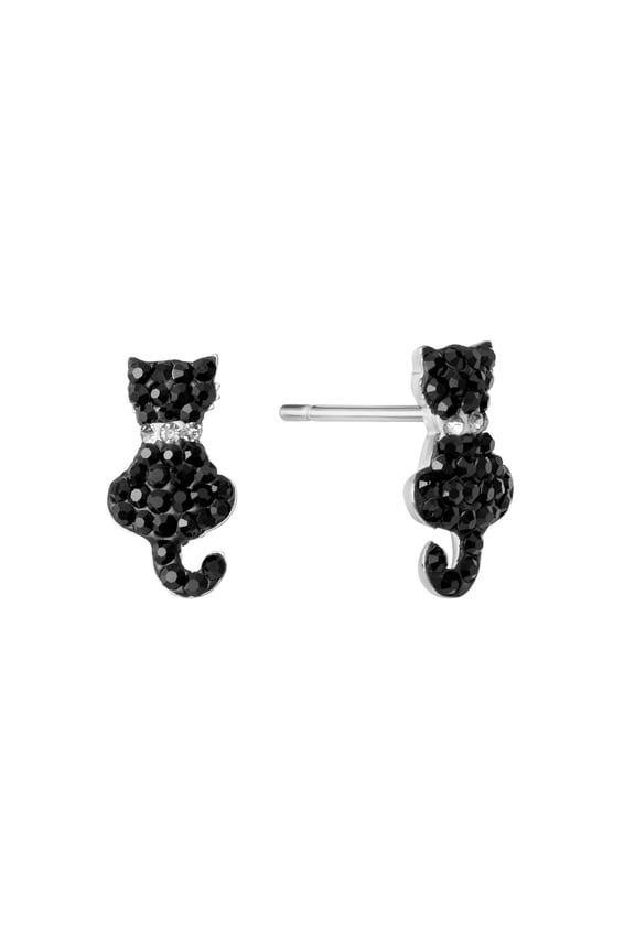 Black Crystal Cat Stud Earrings in Sterling Silver for Women & Teens