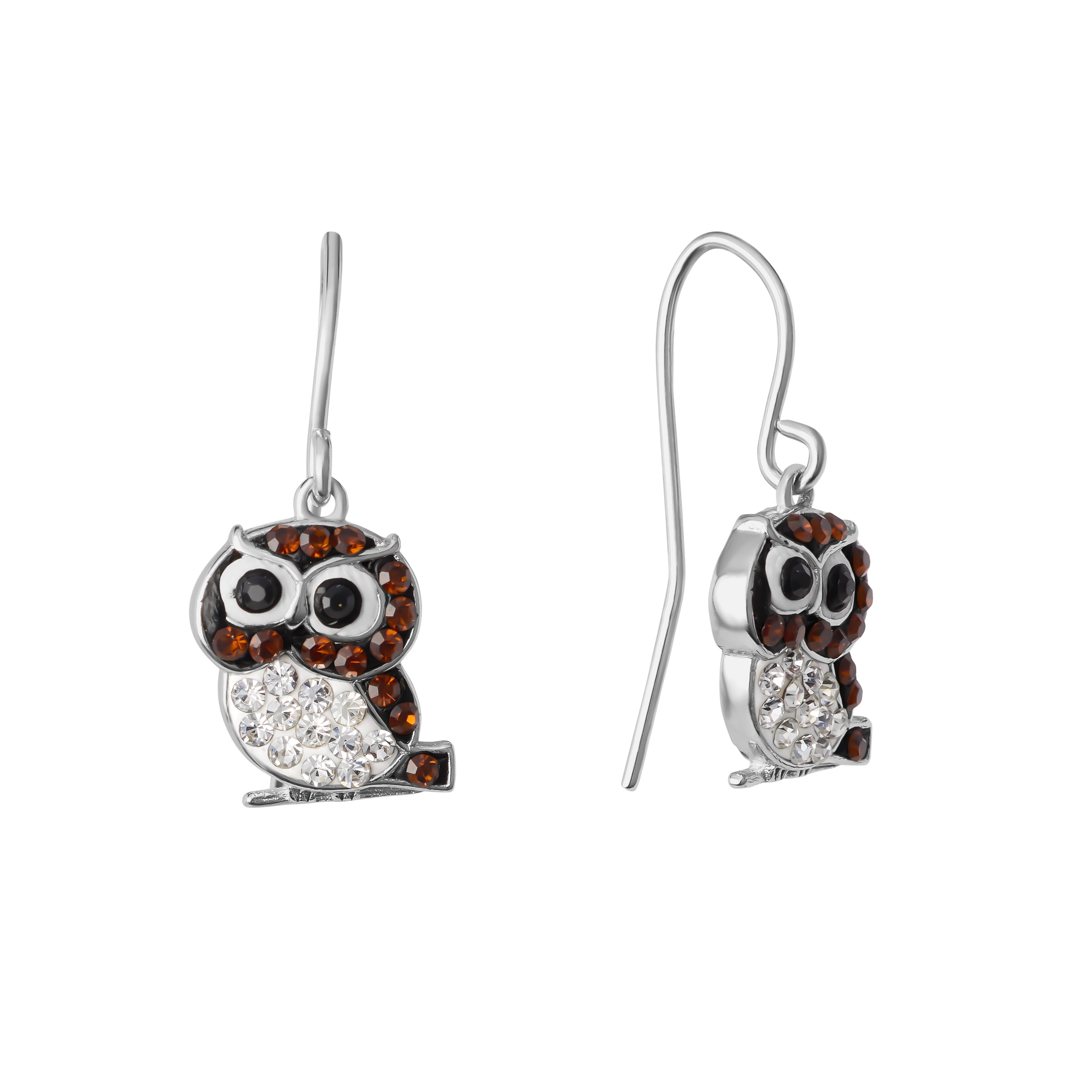 Marisol & Poppy Crystal Owl Drop Earrings in Sterling Silver for Women, Teen