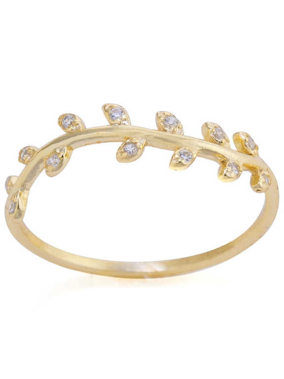 Cubic Zirconia Leaf Band Ring In Gold over Sterling Silver For Women & Teens