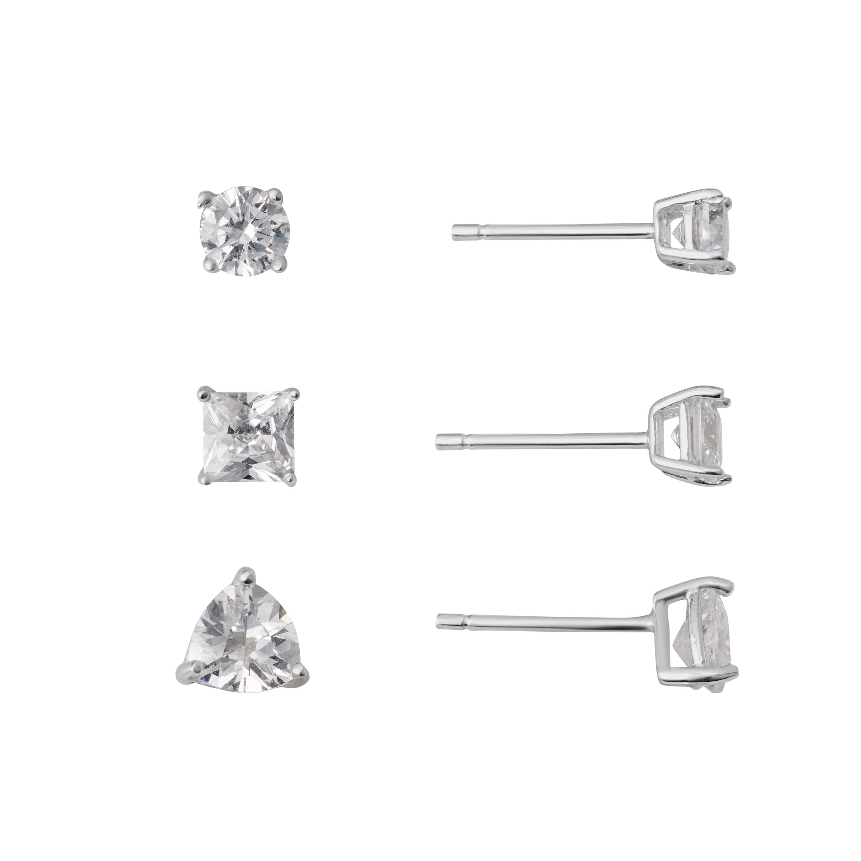 Marisol & Poppy Sterling Silver Multi Shape Cubic Zirconia 3-Piece Stud Earrings Set for Women & Teens