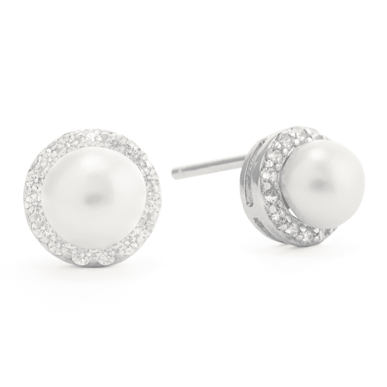 White Cultured Freshwater Pearl Stud Earrings with CZ Halo Sterling Silver White Cultured Freshwater Pearl Stud Earrings with CZ Halo Sterling Silver
