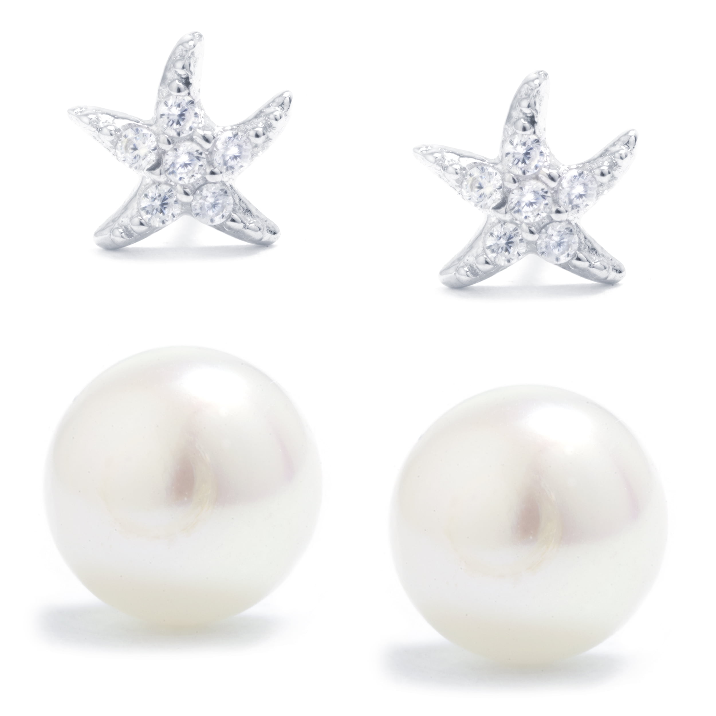 Marisol & Poppy Sterling Silver 7-7.5mm Freshwater Pearl and Cubic Zirconia Mini Starfish Earrings Set