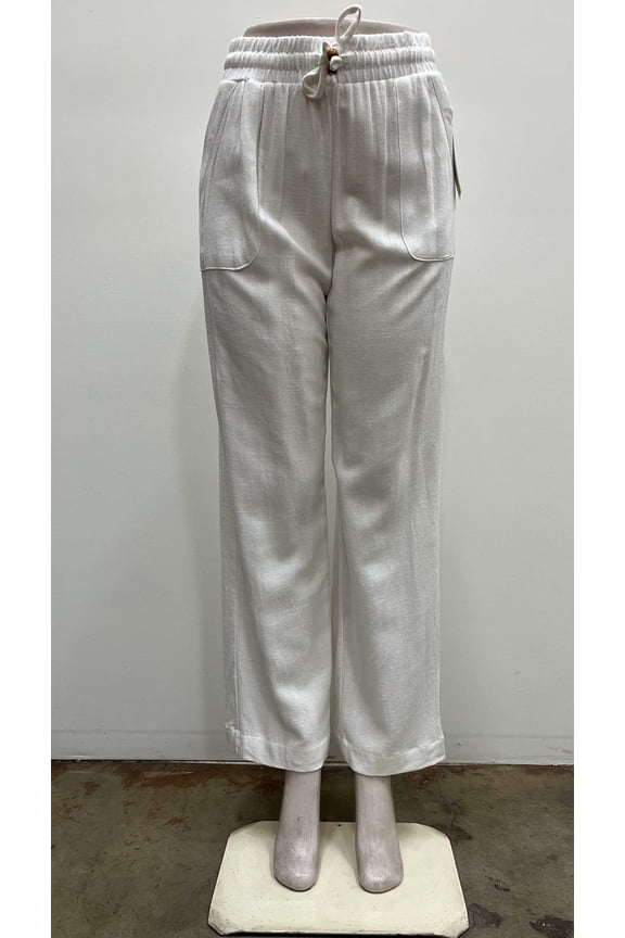 Womens pull on front panel pockets elastic waist draw string Pants , White , L