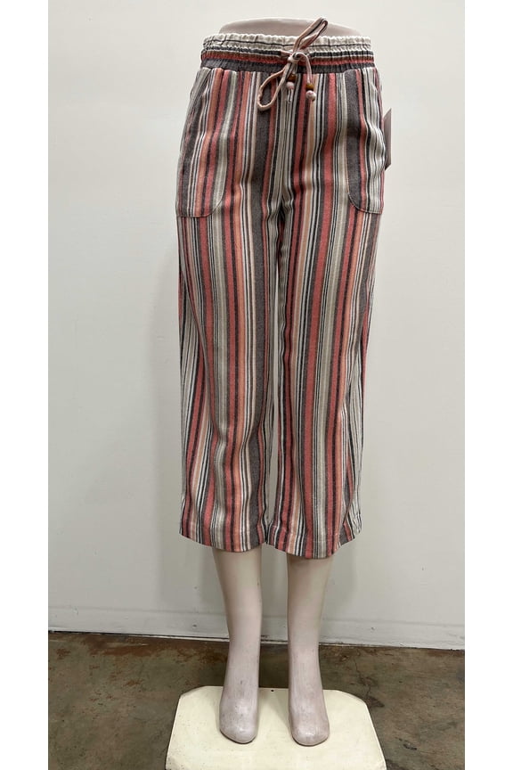 Womens striped pull on front panel pockets elastic waist draw string Crop , Coral/Brown , XL