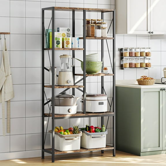 Maritcute 2024 New Industrial Bookshelf 31.49 inches Width Split Level Vintage Storage Bookcase Tall Standing Metal Frame Open Display Racks Large Book Shelf for Bedroom, Living Room, Home Office