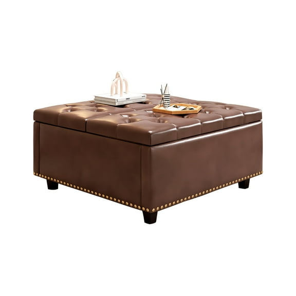 Maritcute 32" Leather Coffee Table Storage Ottoman, Square Lift-Top Ottoman Cube Bench, Large Square Storage Coffee Table With Bronze Rivets And Tufted Buttons For Living Room