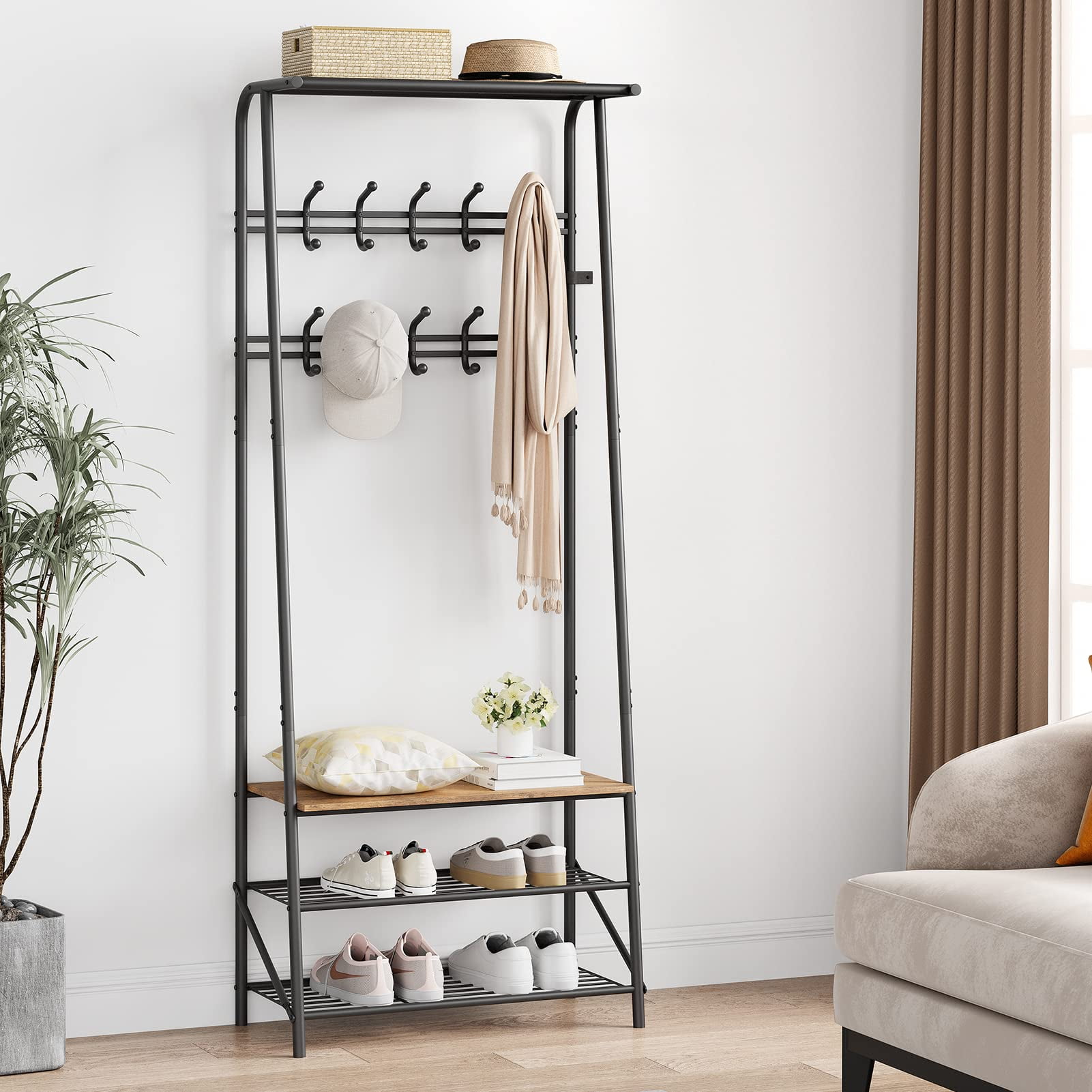 Vintage Industrial Coat Rack Entryway Storage Shelves With Shoe - View #8
