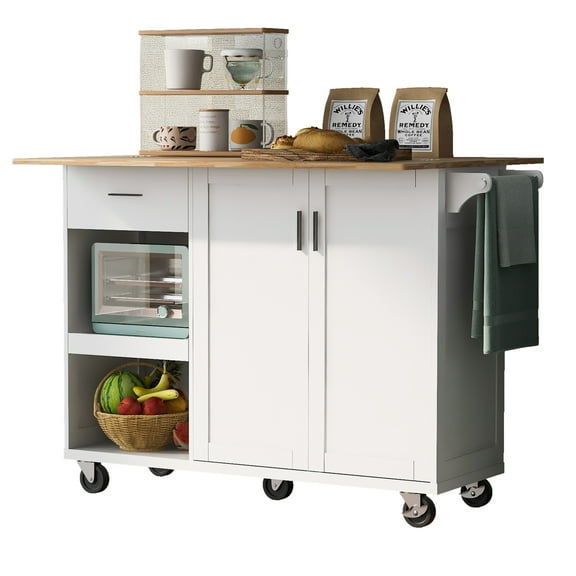 Maritcute 45.3" Wide Mobile Kitchen Island Cart with 2 Storage Cabinets, Drop Leaf Breakfast Bar, Towel Rack, and Spice Rack | Portable Kitchen Island with Drawer and Pull-out Shelf on Wheels