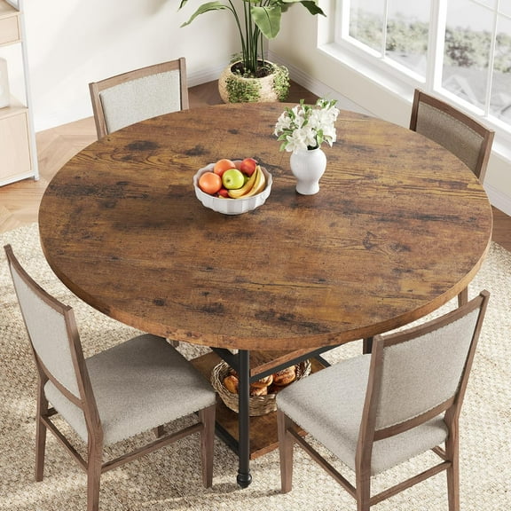 Maritcute 47-Inch Round Dining Table for 4 With 1.59-Inch Thick Board, Kitchen Table, Dinner Table With Storage Shelves & Roman Metal Legs-Rustic Brown(Table Only)