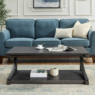 Maritcute 48" Wood Coffee Table Modern Farmhouse Rectangular Coffee Table With Storage Shelf Rustic Center Table For Living Room Kitchen