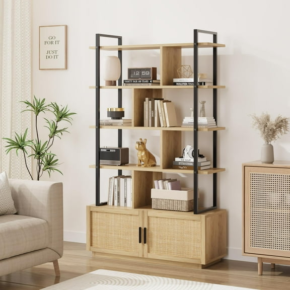 Maritcute 5 Tier Rattan Bookshelf with Storage Cabinet & Door, 71.1 Inch Tall Industrial Book Shelf with Open Display Shelves, 5 Shelf Bookcase with Metal Frame for Living Room, Bedroom -Burlywood